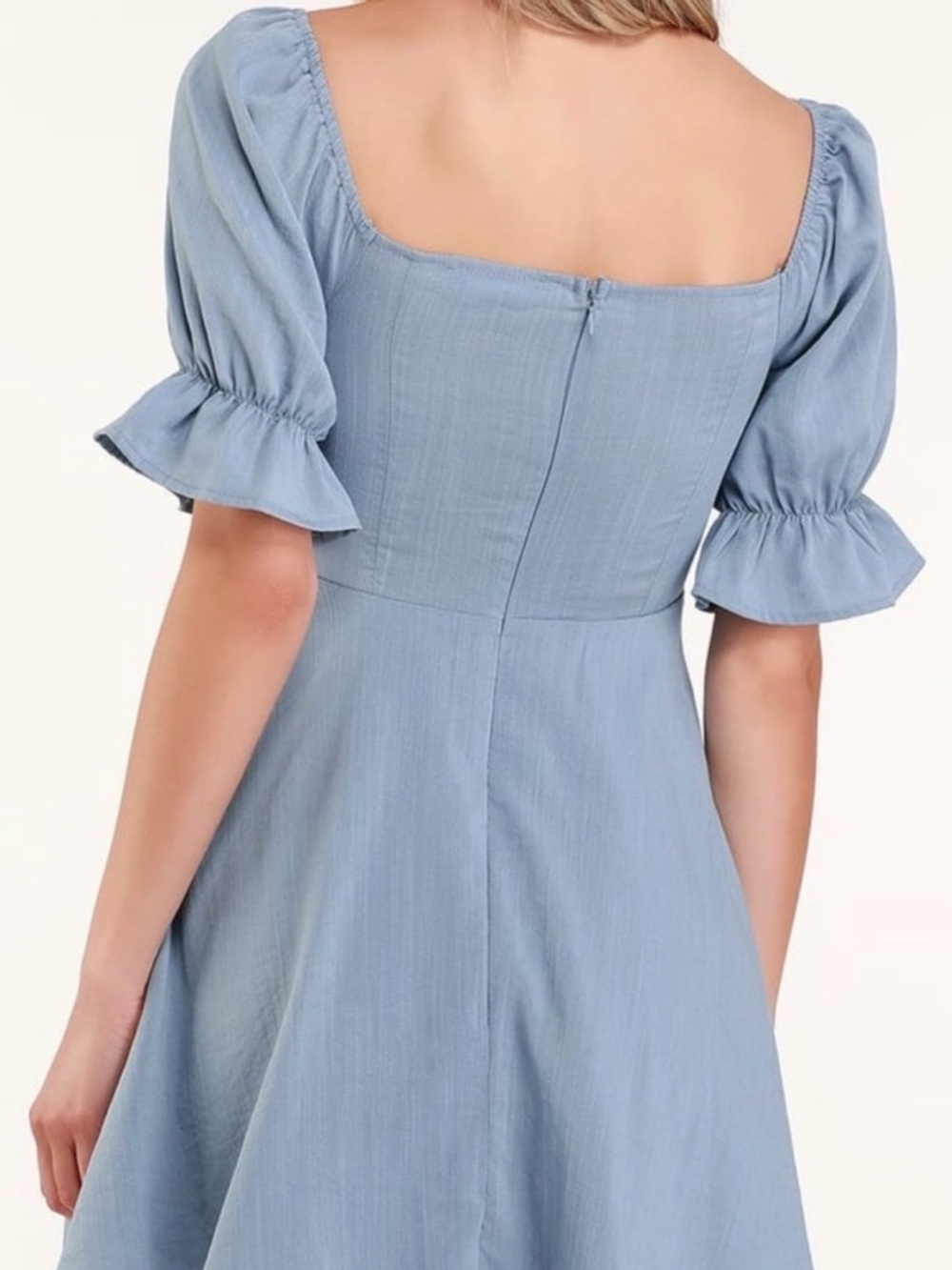 Lulus Women Dusty Blue Puff Sleeve Mini Dress Size S Small Boho Romantic Cottage - Picture 2 of 16